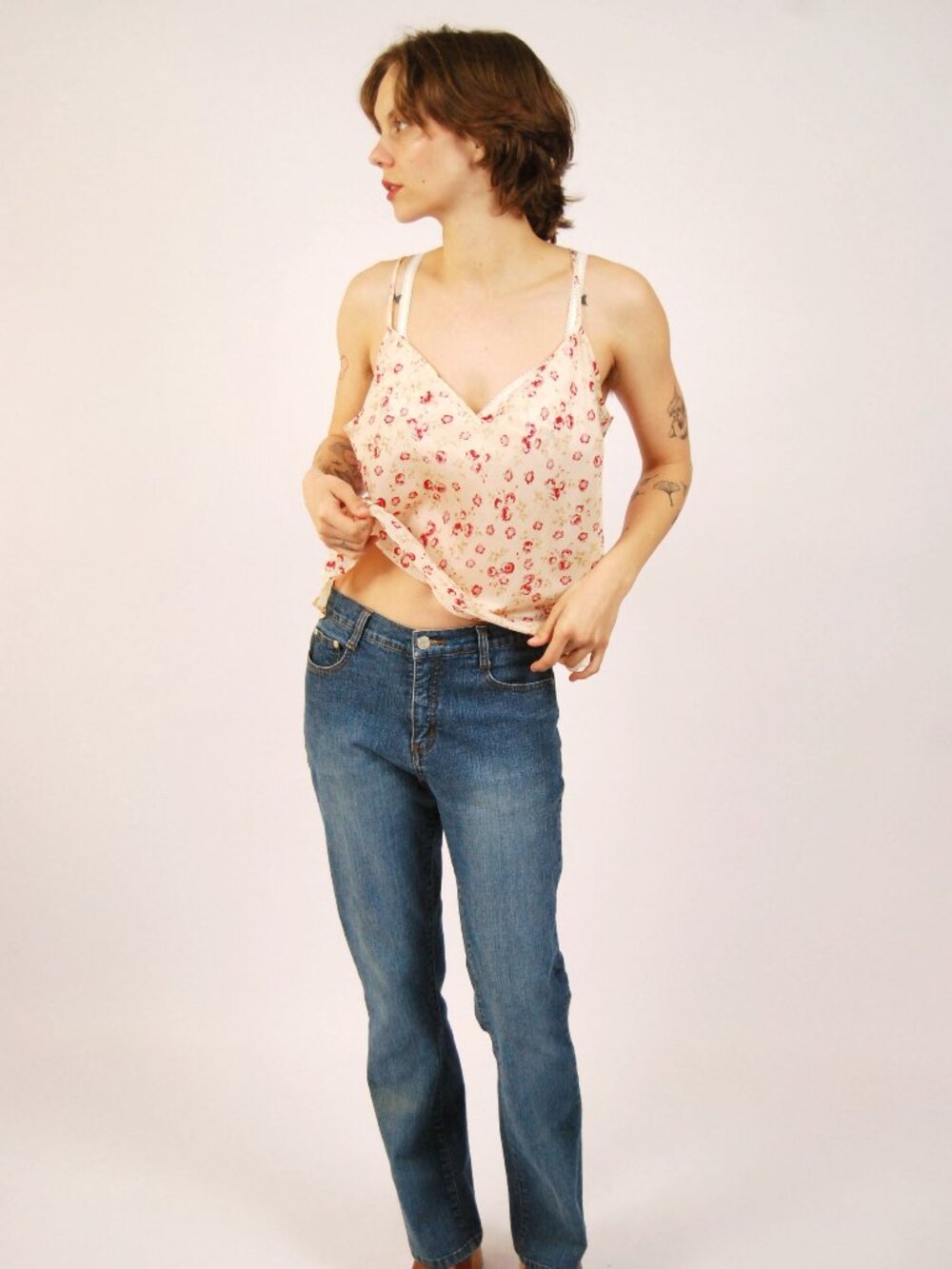 70s Floral Tank (XL) beige vintage womens top flowy plus size crop top cami boho